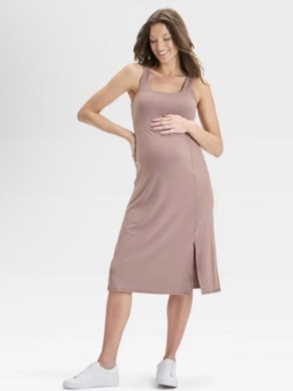 Isabel Maternity Slit Active Midi Dress Sz L Built In Bra Tank Taupe Stretch
